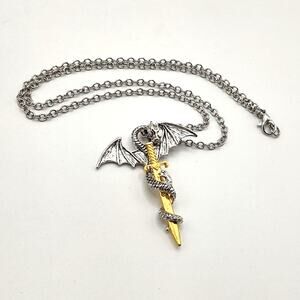 Silver & Gold Stainless Dragon & Sword Necklace Valentines Birthday Gift New!!